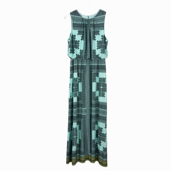 London Times Halter Maxi Dress Womens 12 Turquoise Black Geometric Print - Picture 13 of 14